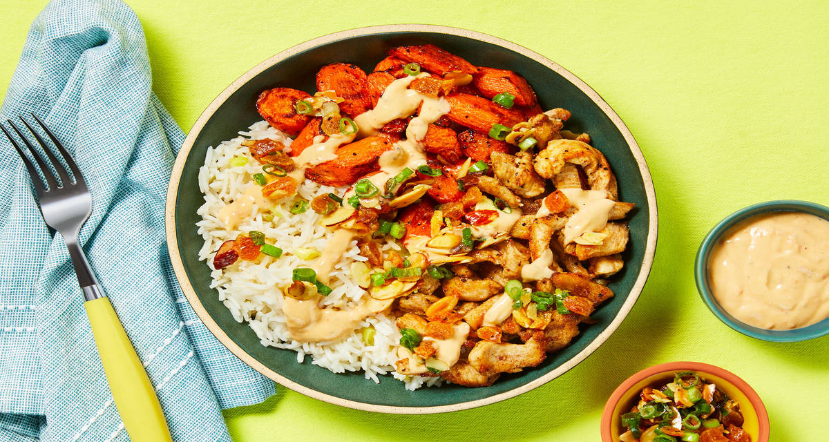 Spiced Chicken & Roasted Carrot Bowls with Tangy Hummus Sauce & Apricot-Almond Gremolata