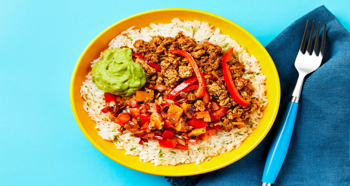 Spiced Pork Burrito Bowls with Guacamole & Mango Bell Pepper Salsa