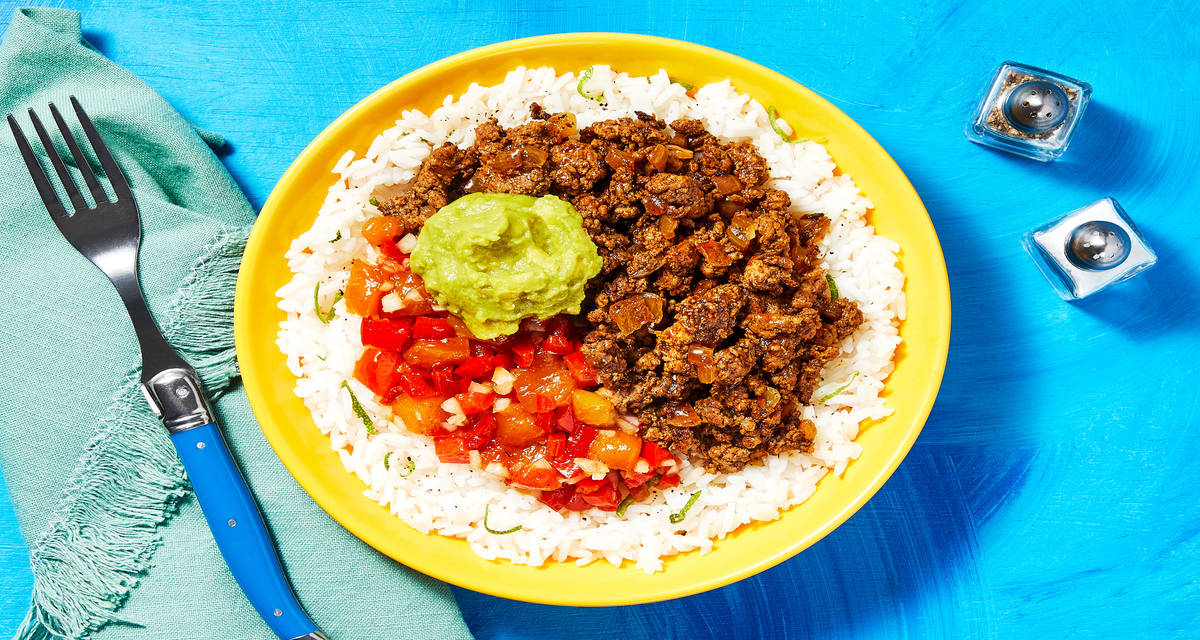 Spiced Chicken Burrito Bowls with Guacamole & Mango-Bell Pepper Relish