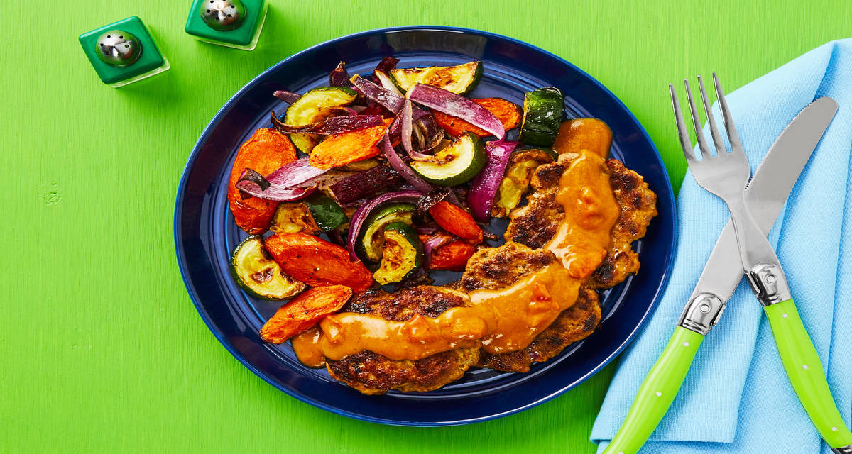 Spiced Pork Patties with Tomato Pan Sauce plus Rainbow Vegetable Jumble