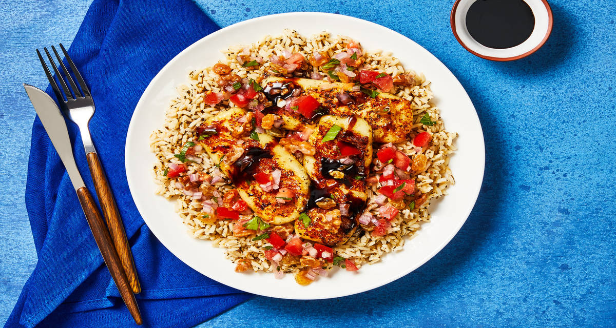 Spicy Balsamic-Glazed Grilling Cheese over Rice with Tomato-Walnut Relish