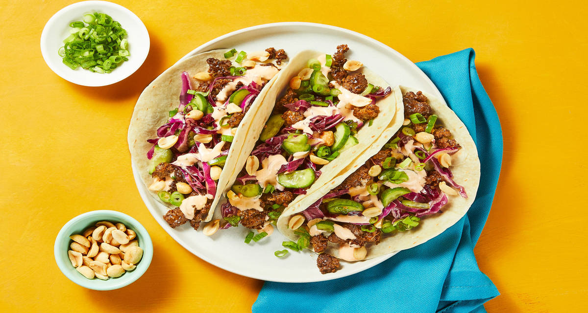 Spicy Hoisin Beef Tacos with Sesame Veggie Slaw & Sriracha Mayo