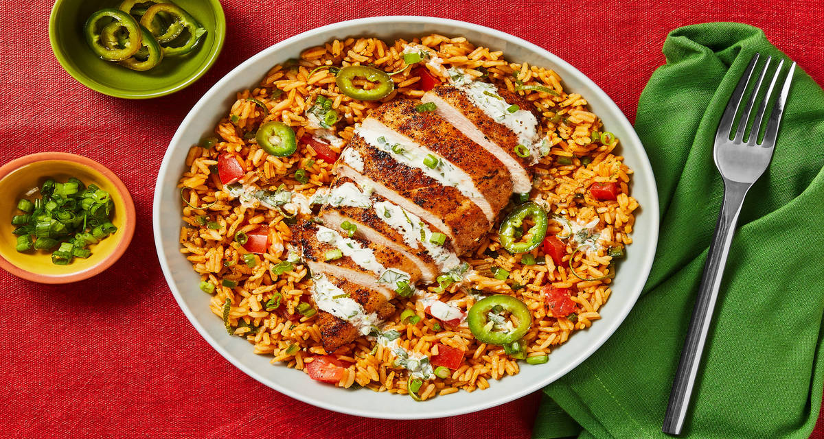 Spicy Peruvian Chicken and Loaded Rice with Pickled Jalapeño & Creamy Salsa Verde