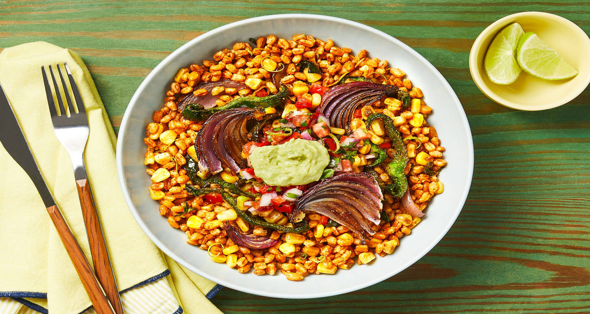 Spicy Tex-Mex Farro Bowls with Charred Poblano, Corn, Pico & Creamy Guac