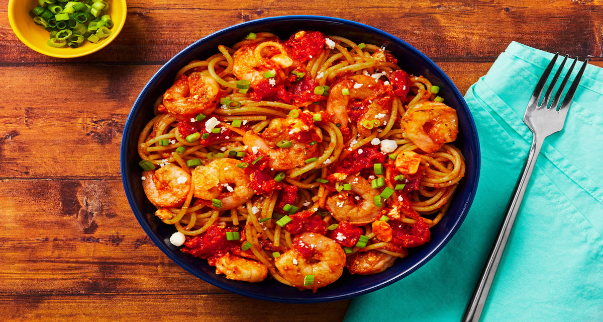 Spicy Tomato-Feta Shrimp Spaghetti with Scallions & Chili Flakes
