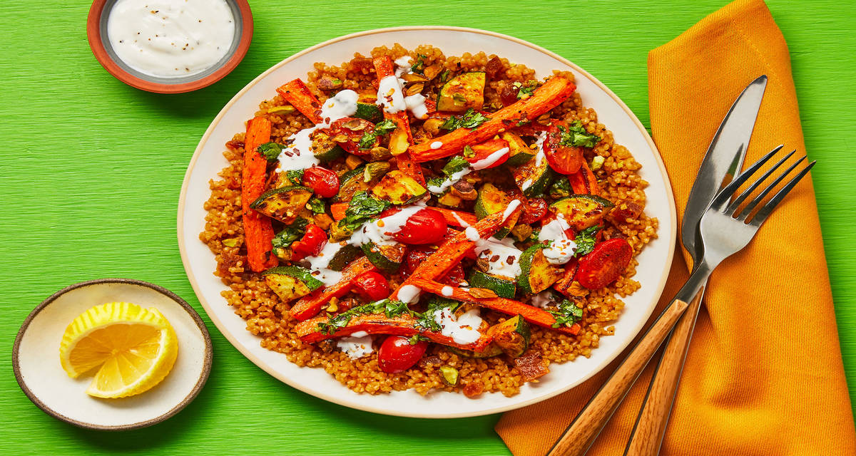 Spicy Tunisian Bulgur Bowls with Zucchini, Carrots, Chermoula & Creamy Lemon Sauce