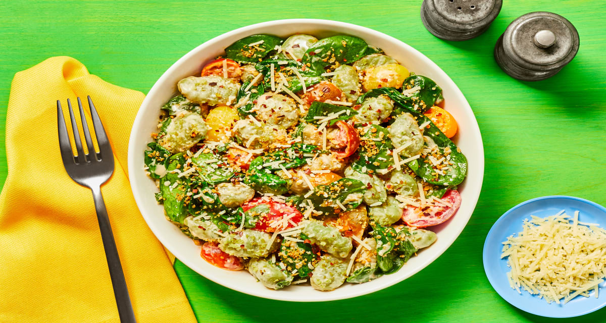 Spinach Gnocchi with Heirloom Tomatoes topped with Garlic Butter Breadcrumbs-image