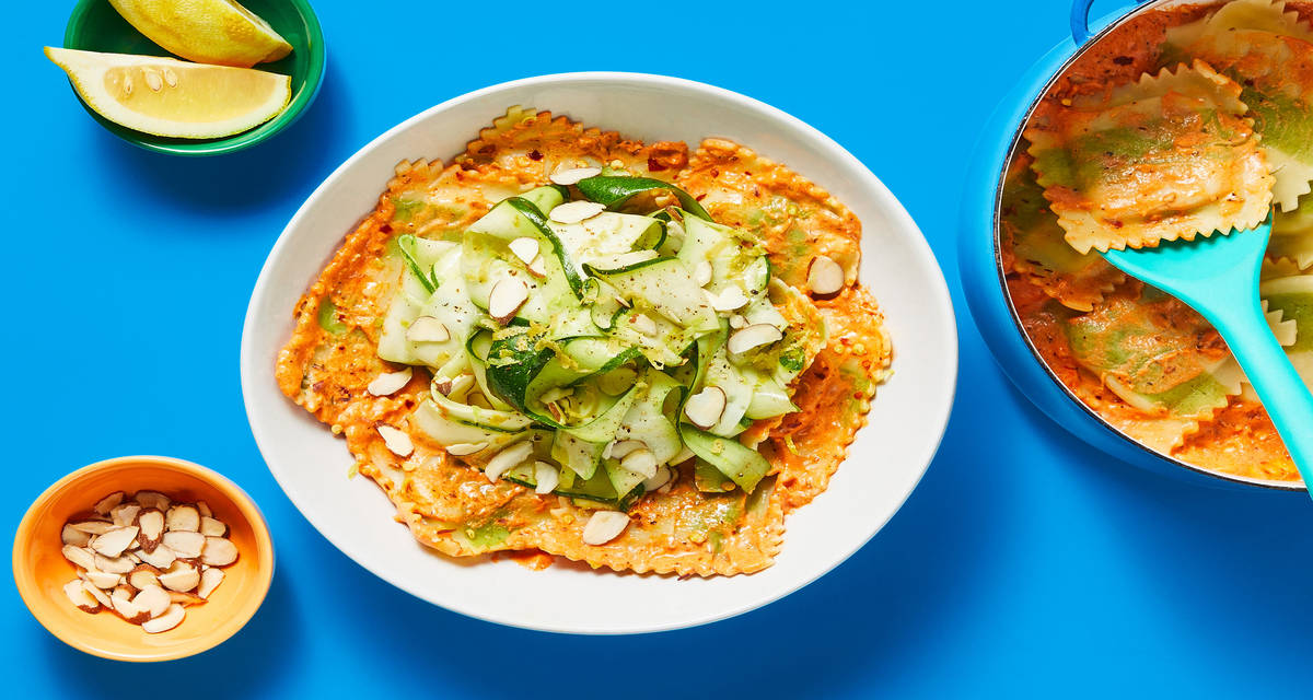 Spinach Ricotta Stuffed Ravioli with Garlic Tomato Cream Sauce & Spicy Lemon Zucchini Ribbons