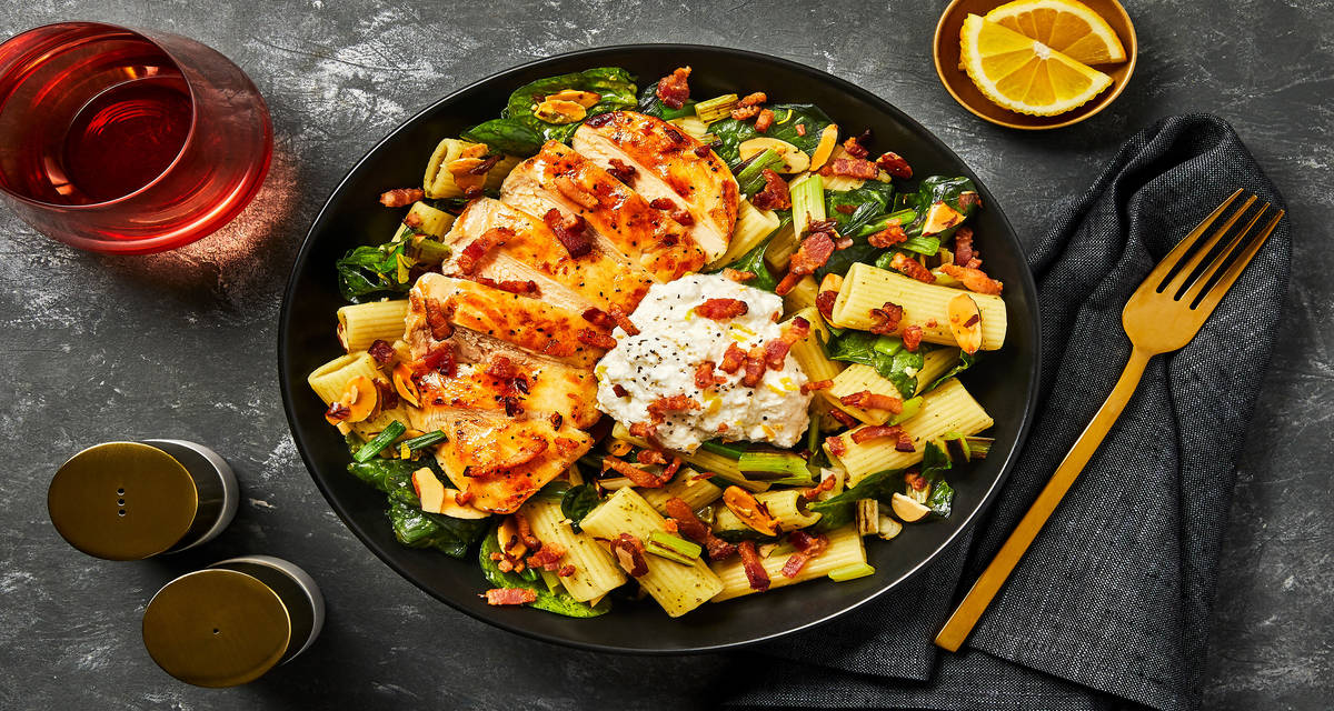 Spring Chicken Pesto Rigatoni with Spinach, Charred Scallions, Almonds, Ricotta & Bacon