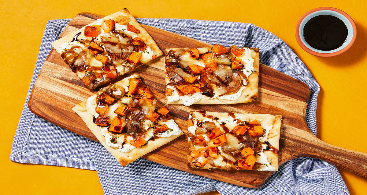 Squash & Caramelized Onion Flatbreads with Thyme Ricotta & a Balsamic Drizzle