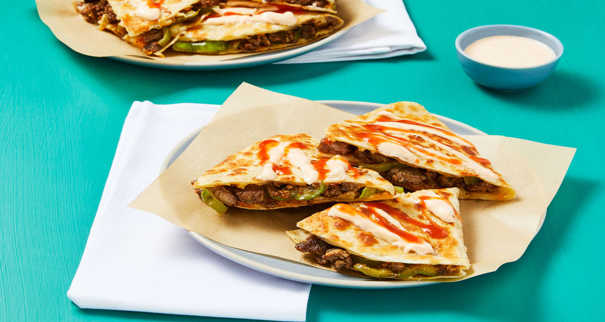One-Pan Steak & Green Pepper Quesadillas with Hot Sauce & Smoky Red Pepper Crema-image