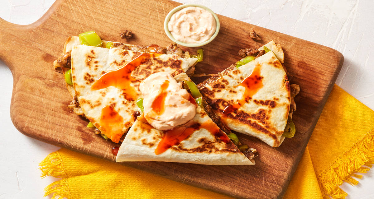 Steak & Green Pepper Quesadillas with Hot Sauce & Smoky Red Pepper Crema