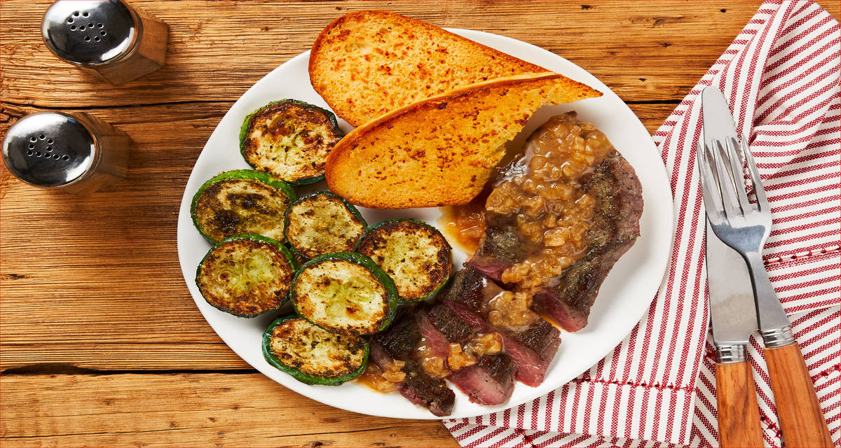 Steak & Shallot Pan Sauce with Garlic Bread & Roasted Zucchini