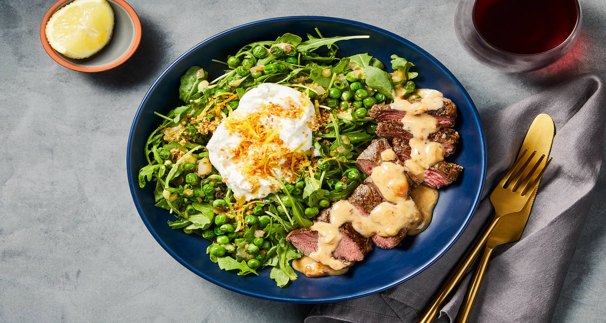 Steak with Burrata & Arugula Salad with Charred Peas, Lemony Panko & Dijon Steak Sauce