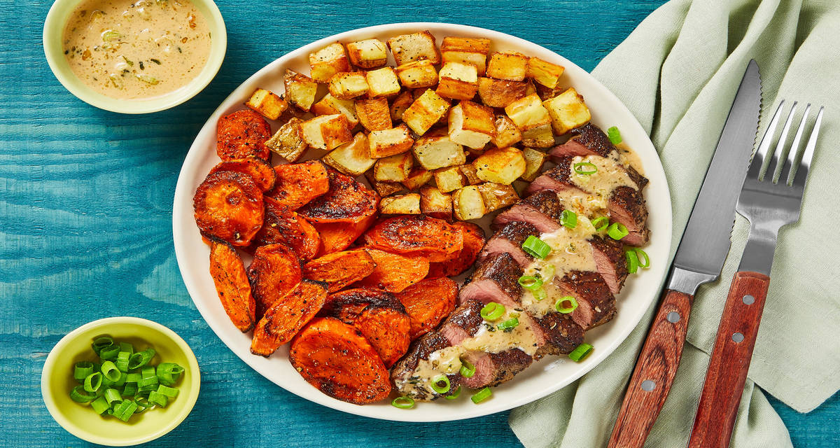 Steak with Creamy Thyme Sauce plus Roasted Potatoes & Carrots