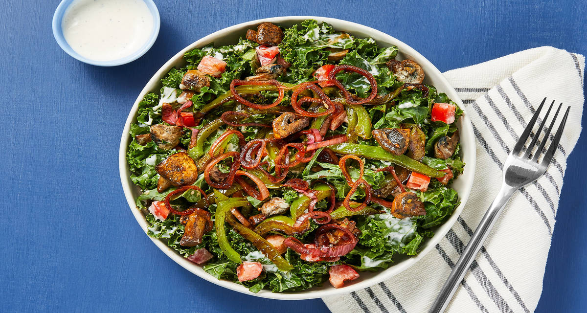 Steakhouse Mushroom Kale Salad with Kale, Bell Pepper, Tomato & Horseradish Dressing