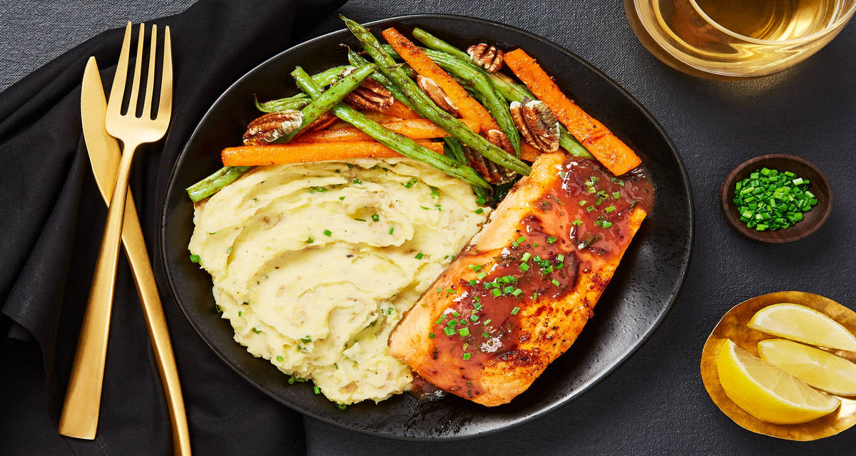 Steelhead Trout in Cranberry Dijon Sauce with Crème Fraîche Chive Mashed Potatoes & Pecan-Studded Veggies
