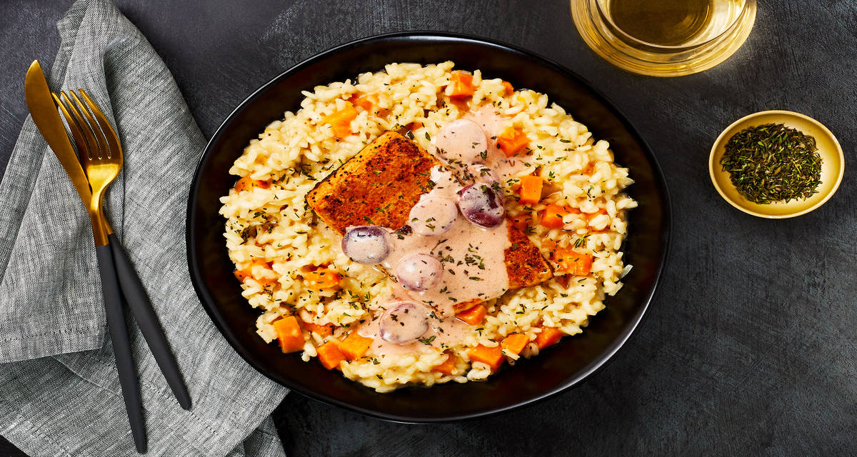 Steelhead Trout & Sweet Potato Risotto with Creamy Grape Sauce
