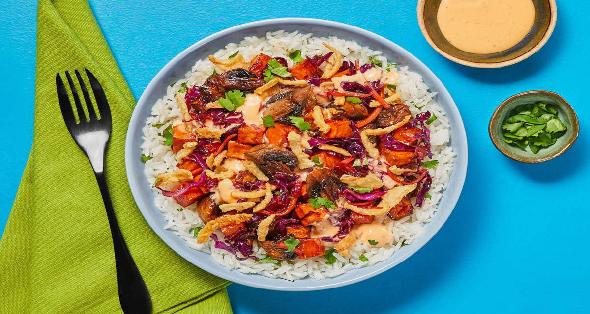 Sweet Chili Roasted Veg Bowls over Cilantro Rice with Sweet Chili Mayo & Crispy Fried Onions