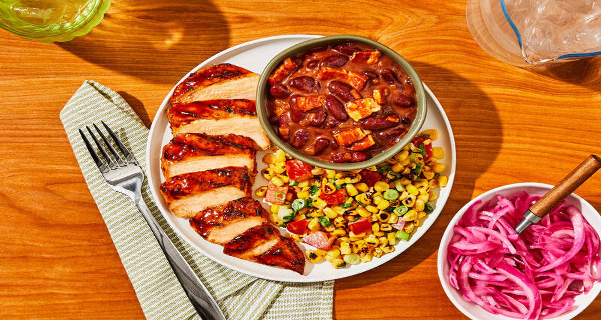 Summer BBQ Chicken Plates with Maple Bacon Beans & Charred Corn Salad