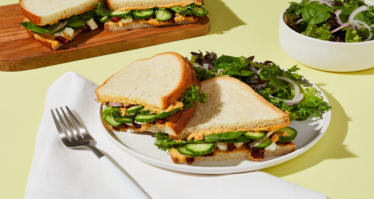 Sun-Dried Tomato & Cuke Sandwiches with Red Pepper Hummus & Feta