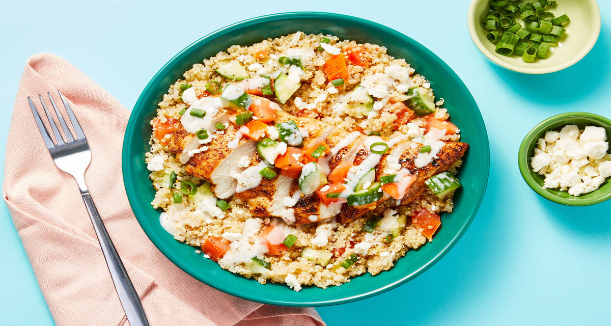Sunny & Spiced Chicken Quinoa Bowls with Tomato Salad, Feta, Scallions & Greek Yogurt Sauce