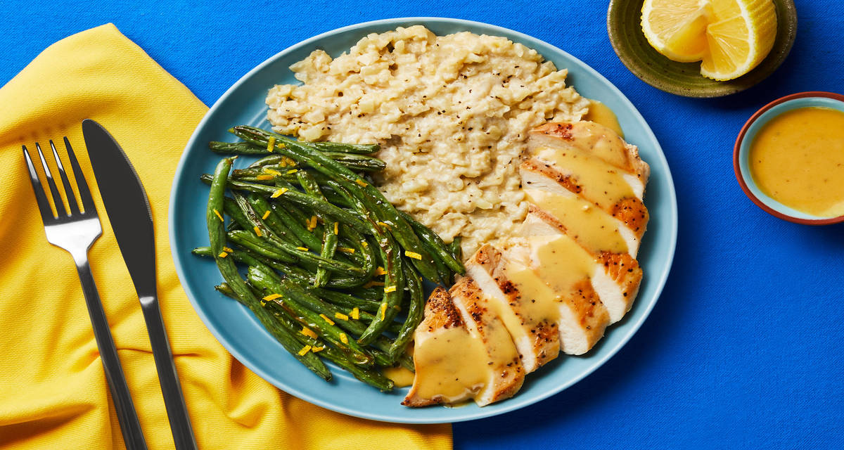Sweet As Honey Dijon Chicken with Lemony Green Beans & Cheesy Cauliflower “Rice”