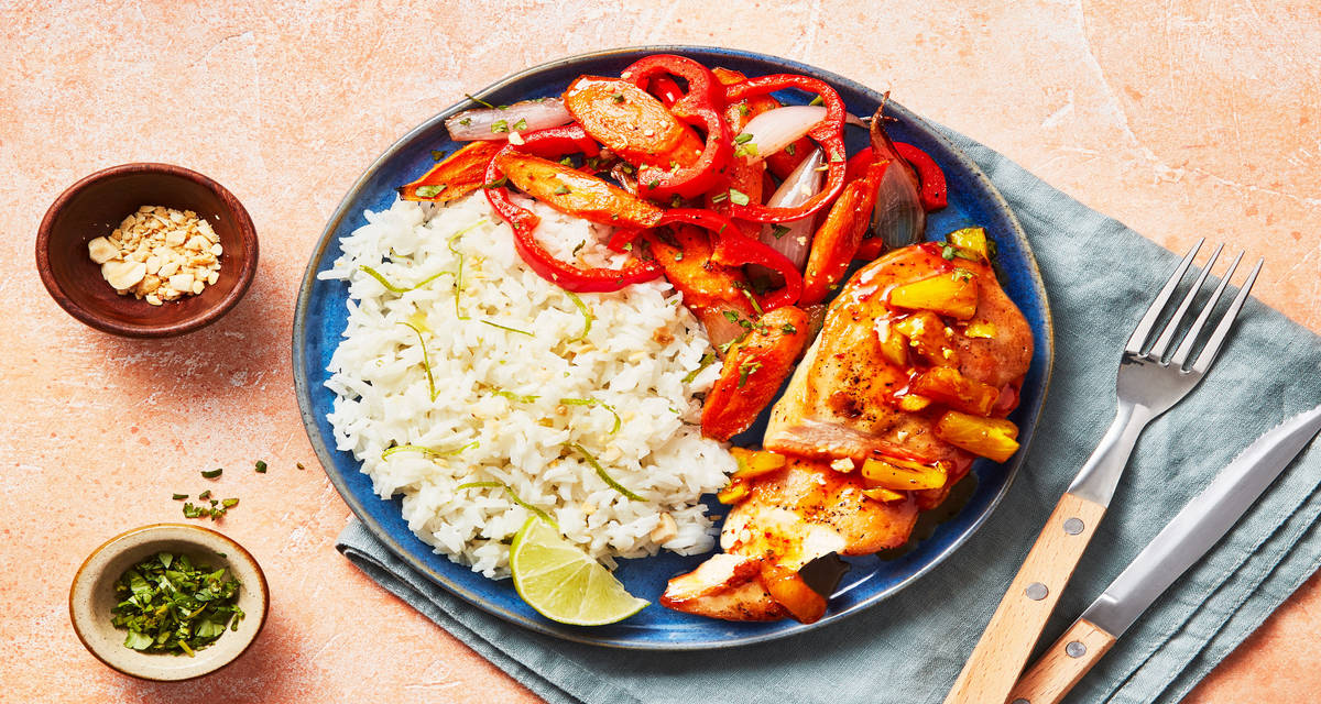 Sweet Chili Pineapple Chicken with Roasted Veggies, Ginger-Lime Rice & Peanuts