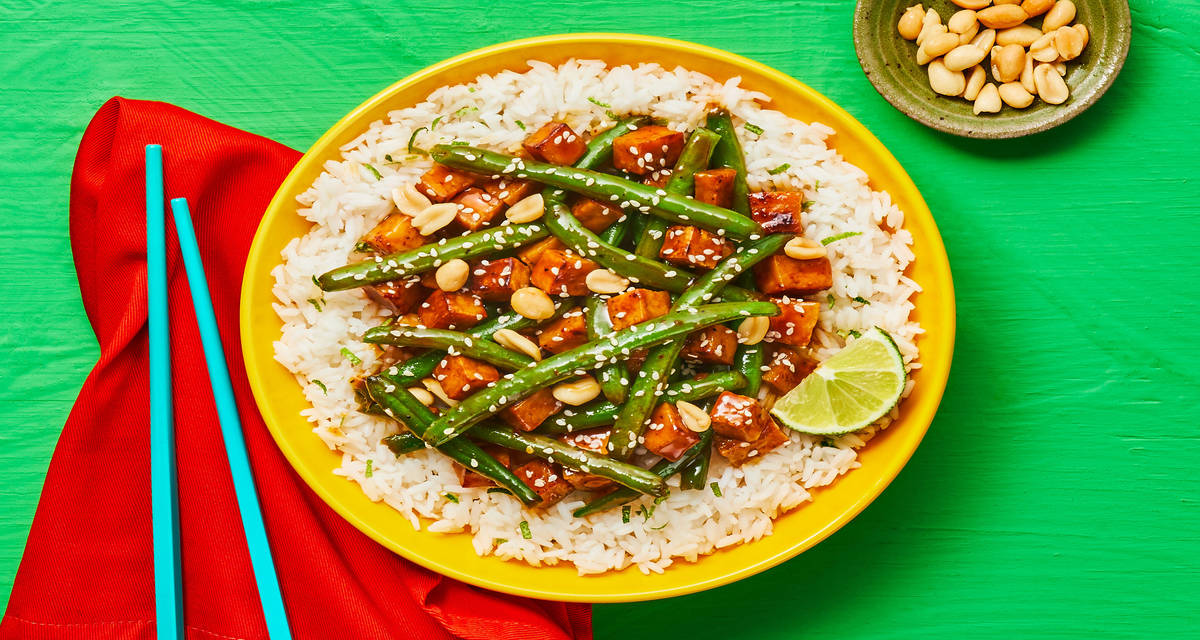 Sweet Chili Tofu Rice Bowls with Green Beans & Candied Peanuts