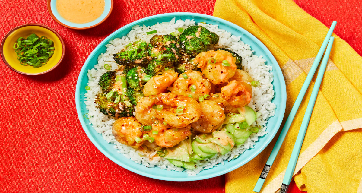 Sweet Heat Shrimp Tempura Bowls with Sesame-Roasted Broccoli & Quick Pickles-image