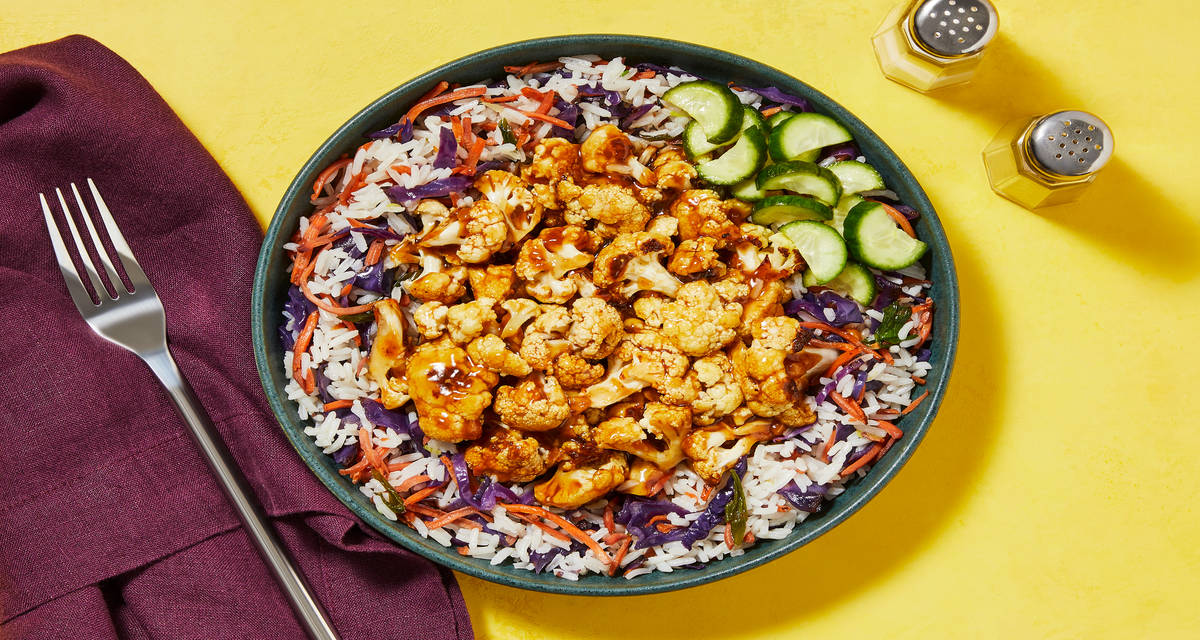 Sweet Heat Vegan Cauli Bowls with Cabbage-Carrot Rice & Pickled Cucumber