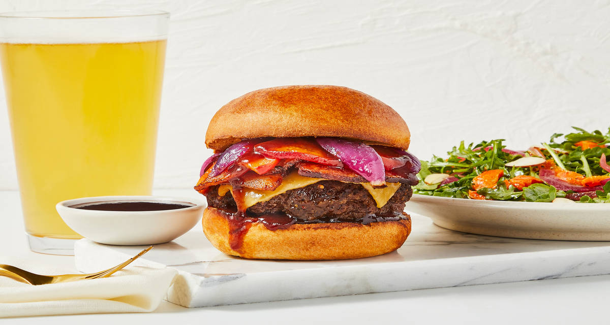 Sweet Peach BBQ Bacon Burger with Roasted Carrot & Arugula Salad