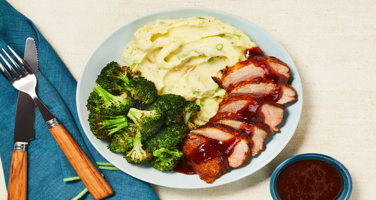 Sweet & Smoky Pork Tenderloin with Roasted Broccoli, Mashed Potatoes & Cherry Sauce