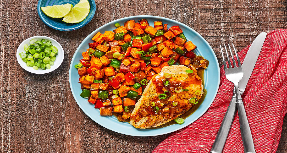 Sweet Soy Chicken Cutlets with a Roasted Sweet Potato & Pepper Jumble