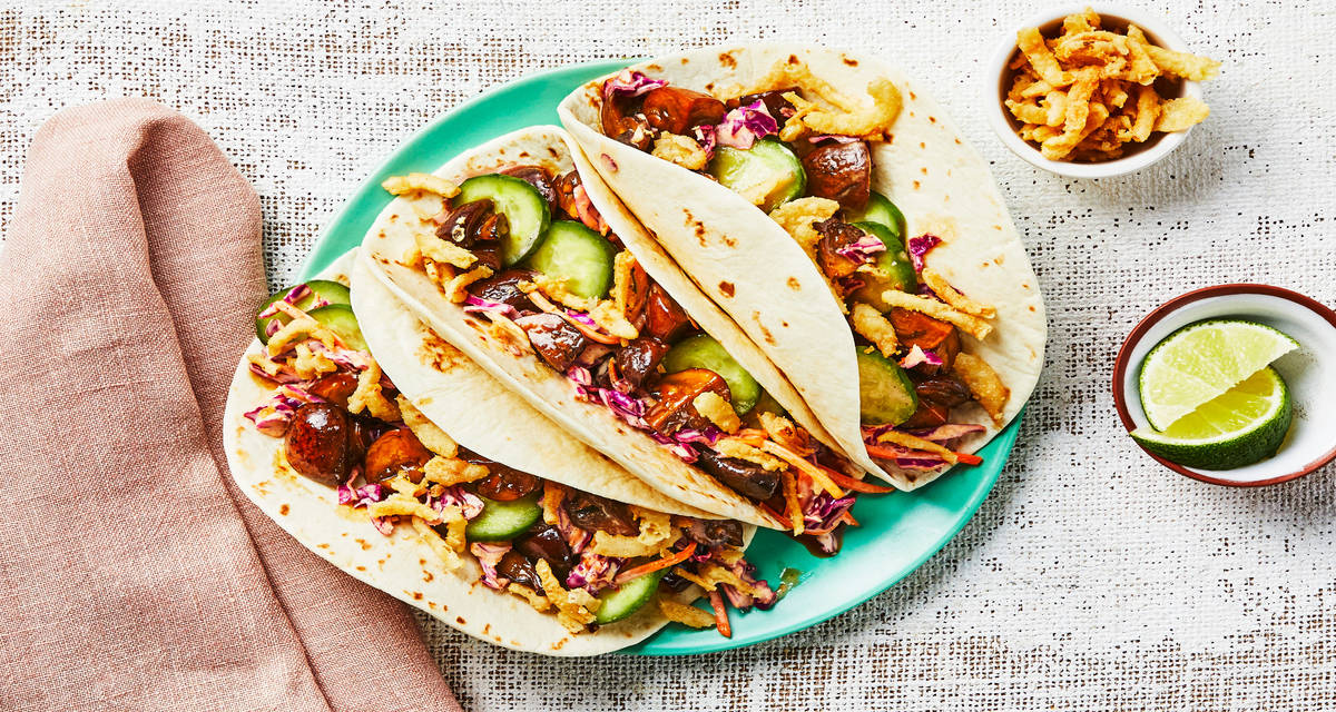 Sweet Soy Mushroom Tacos with Creamy Sriracha Slaw & Crispy Fried Onions