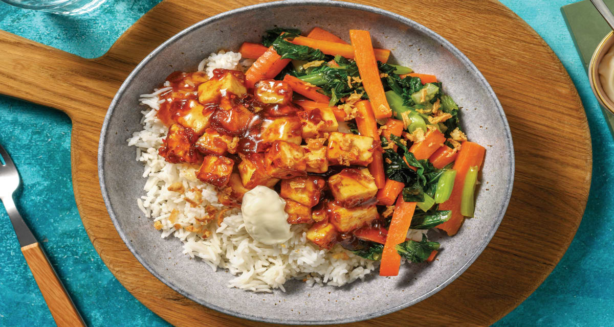 Sweet-Soy Tofu & Plum Sauce with Garlic Rice & Asian Greens-image