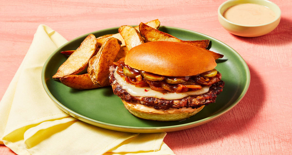 Sweet & Spicy BBQ Bean Burgers with BBQ Caramelized Onion, Pepper Jack, Dill Pickle & Potato Wedges
