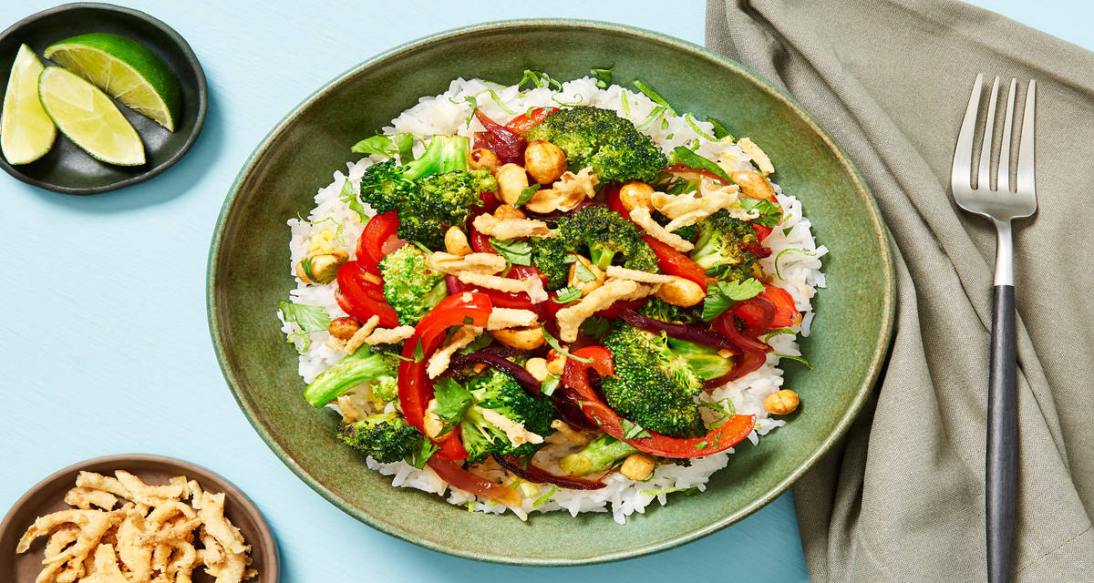 Sweet & Spicy Broccoli-Pepper Stir-Fry over Ginger Lime Rice with Candied Peanuts & Crispy Onions