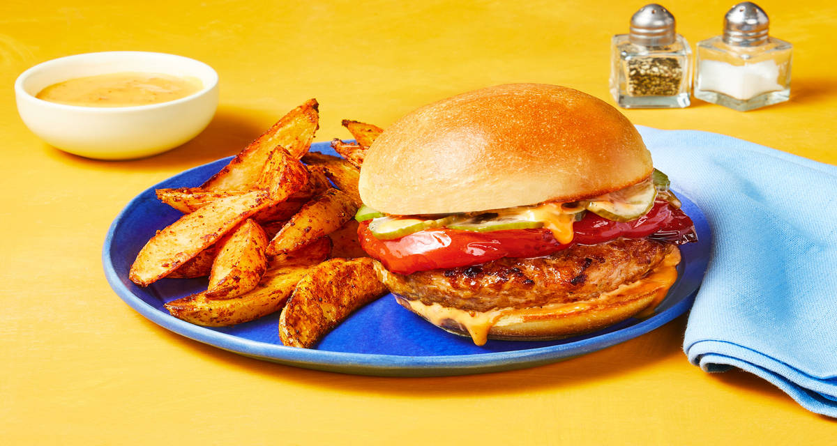 Sweet & Spicy Thai Turkey Burgers with Pickles, Roasted Bell Pepper, Potato Wedges & Chili Aioli