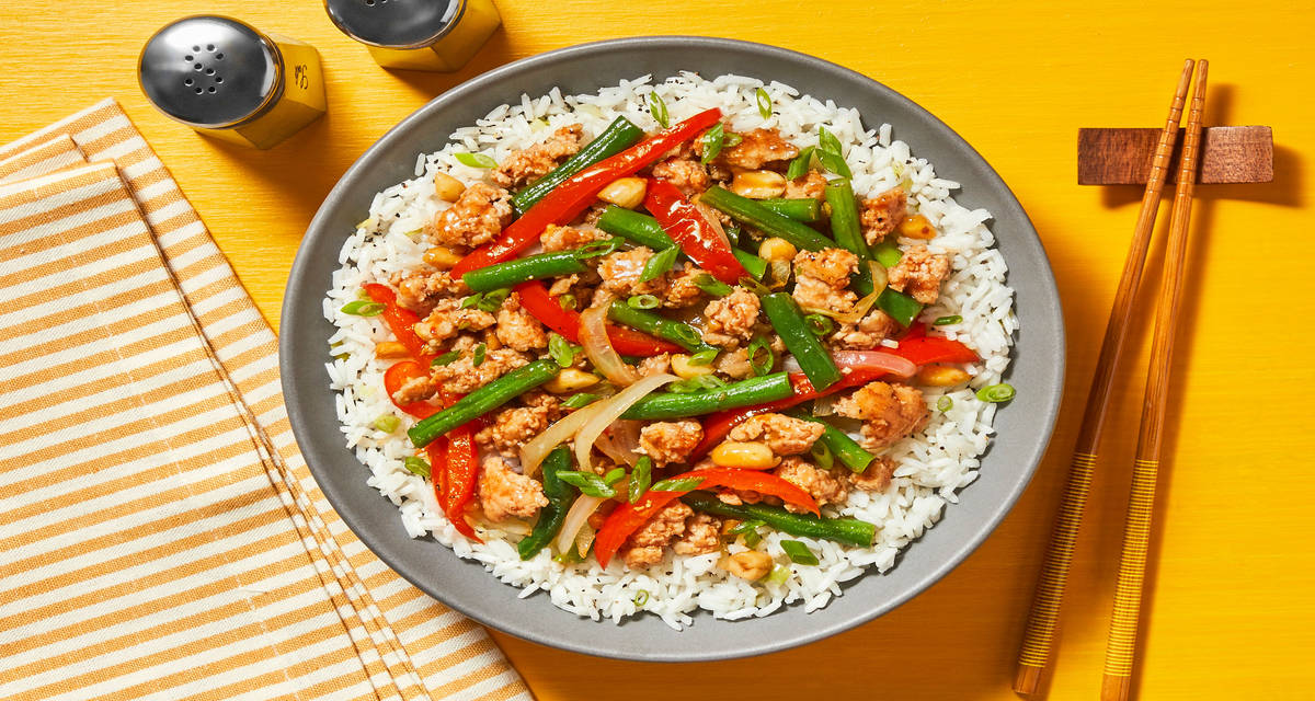 Sweet Sriracha Turkey Stir-Fry with Bell Pepper, Green Beans & Scallion Rice