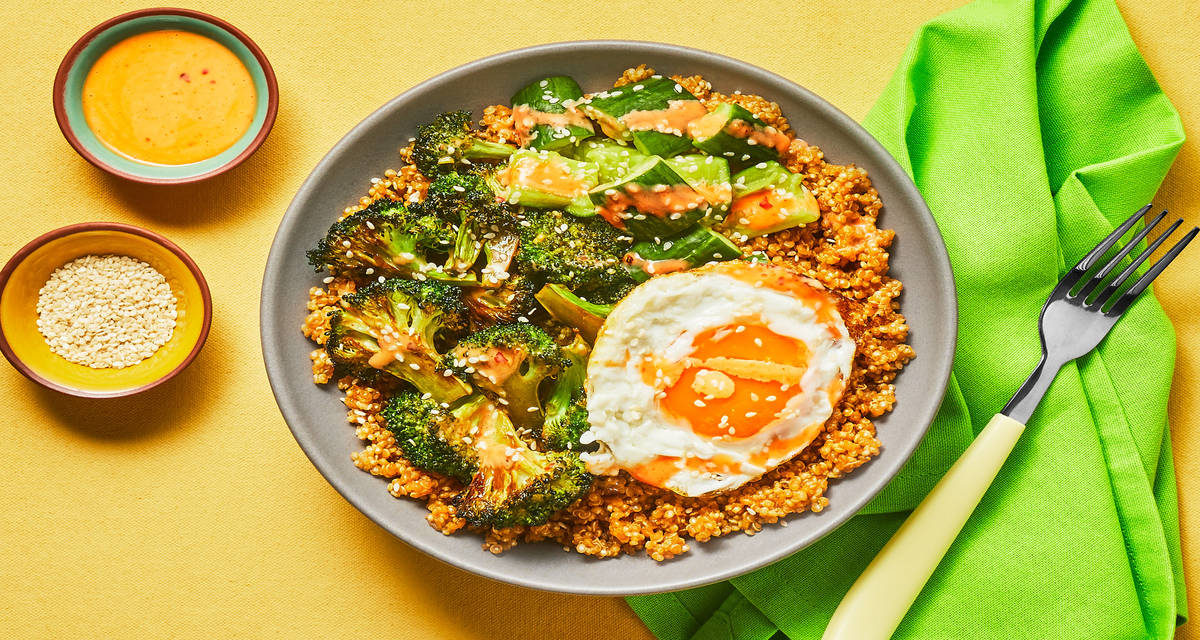 Sweet Thai Roasted Broccoli Bowls with Ginger Soy Quinoa, Smashed Cucumber, Spicy Mayo & Fried Eggs
