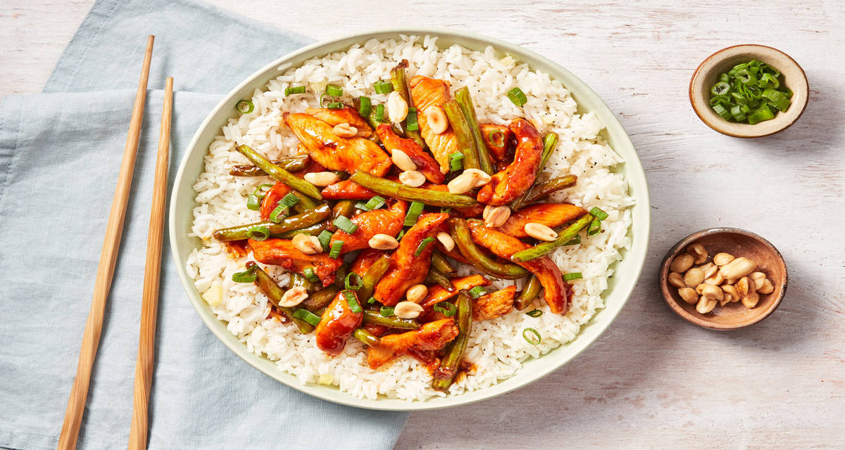 Szechuan Chicken & Green Bean Stir-Fry with Ginger Rice & Candied Peanuts