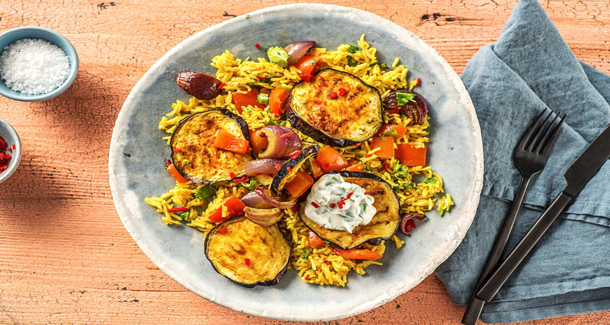 Indian Spiced Aubergine with Golden Basmati Rice and Nigella yoghurt-image