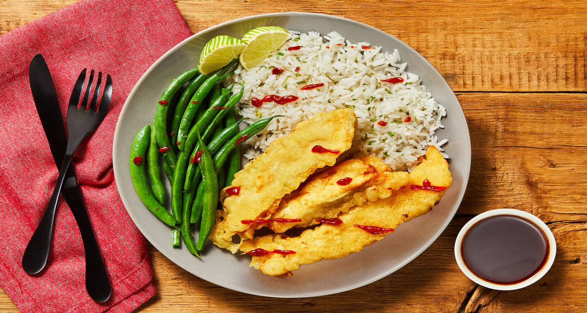 Tempura Chicken Fingers & Dipping Sauce with Zesty Rice & Green Beans