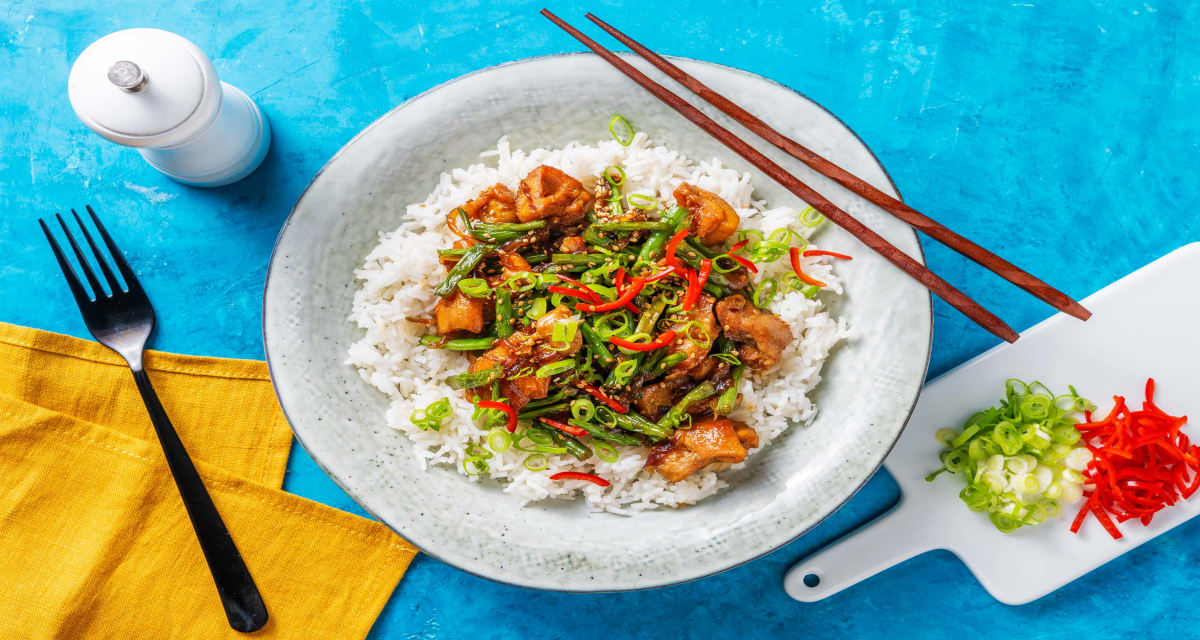 Teriyaki Sesame Chicken with Green Beans and Basmati Rice-image