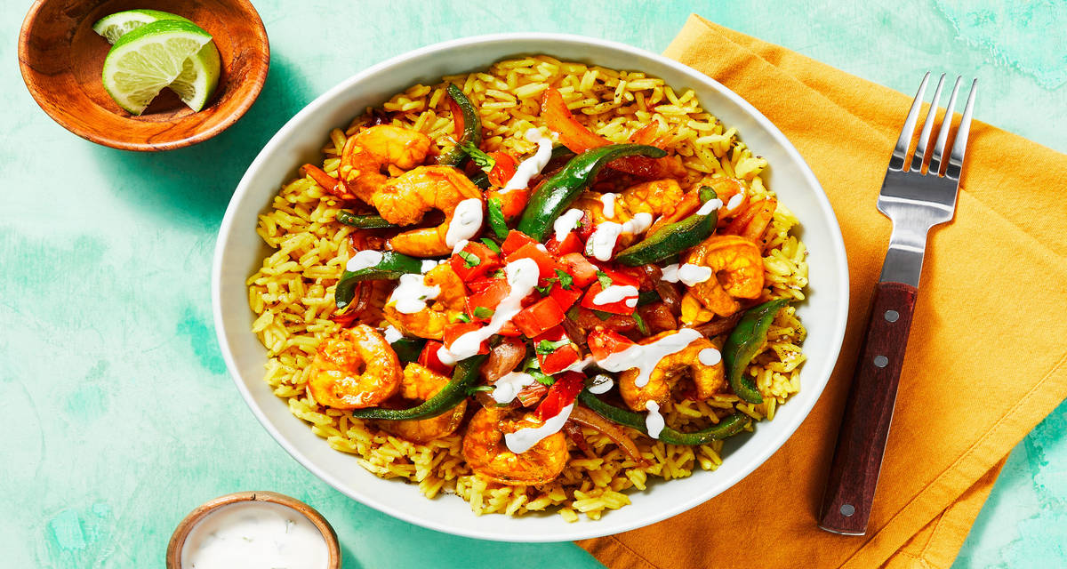 Tex-Mex Shrimp & Yellow Rice with Poblano, Fresh Salsa & Creamy Cilantro Sauce