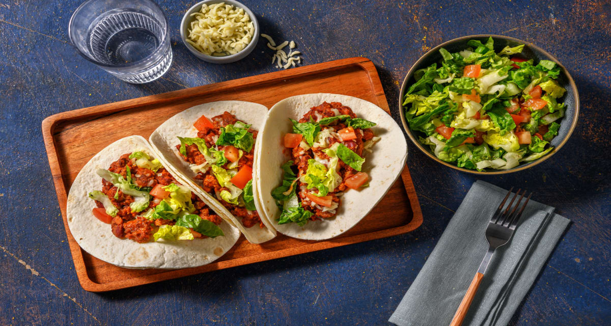 Tex-Mex Style Beef and Bean Tacos with Cheese and Zesty Salad