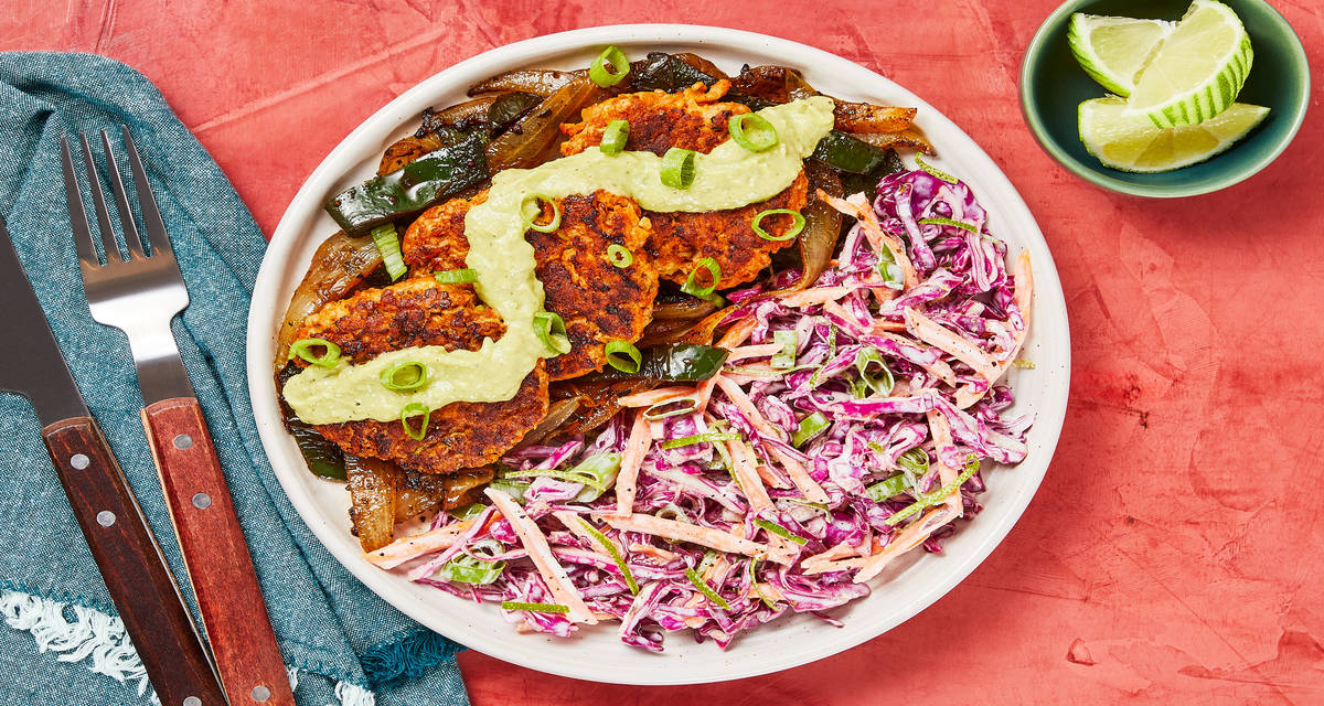 Tex-Mex Turkey Patties with Fajita Veggies, Lime Slaw & Creamy Guacamole