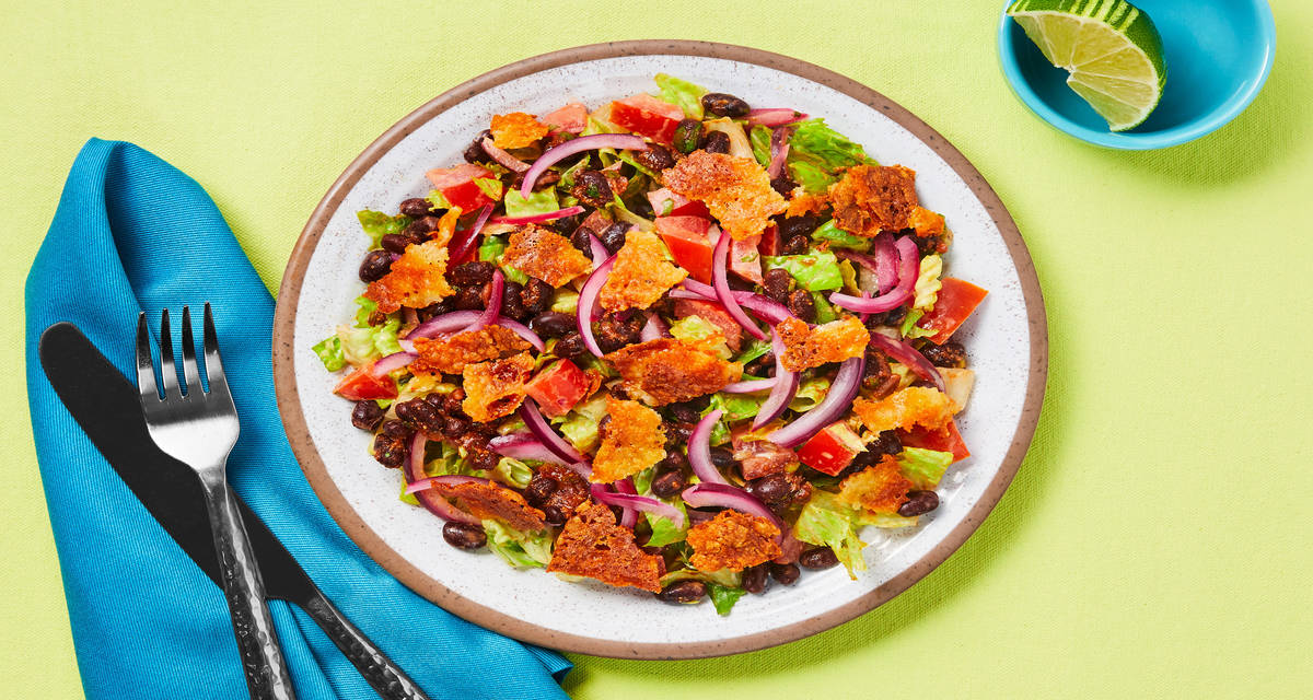 Texan Black Bean Salad with Pepper Jack Frico, Pickled Red Onion & Cilantro-Lime Ranch Dressing