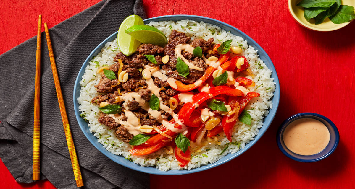 Thai Basil Beef Bowls with Ponzu-Glazed Veggies & Sriracha Mayo